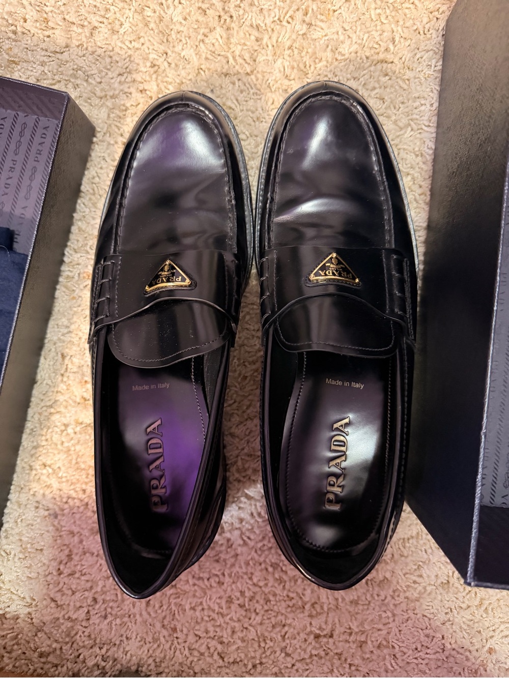 Prada Black Leather Triangular Logo Penny Loafers